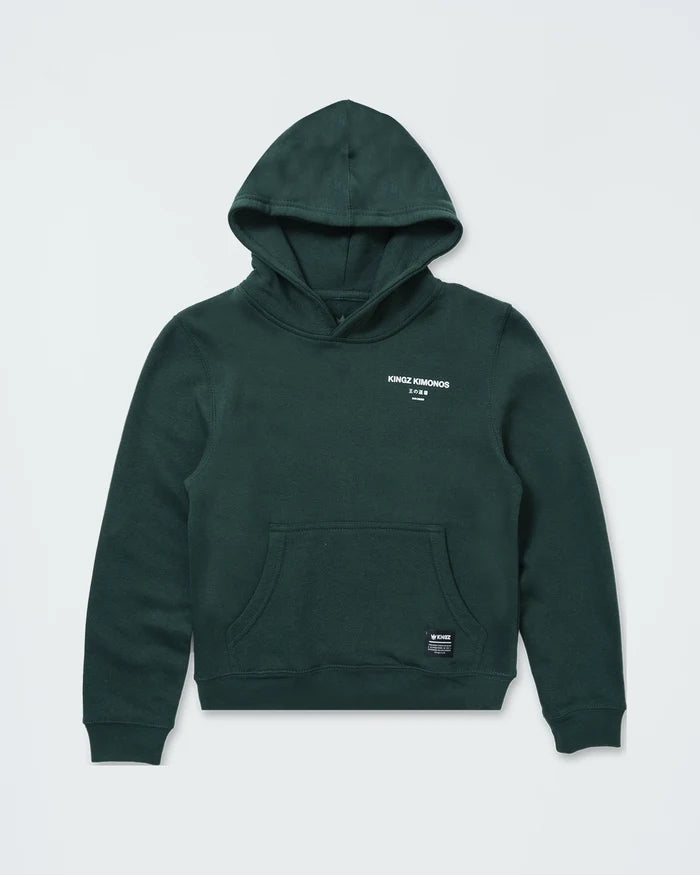 Kingz HQ V2 Youth Hoodie - Flat Lay Front - Kingz Kimonos Chest Text and Pocket - Dark Forest Green - Youth BJJ Hoodie [color:Dark Forest Green]