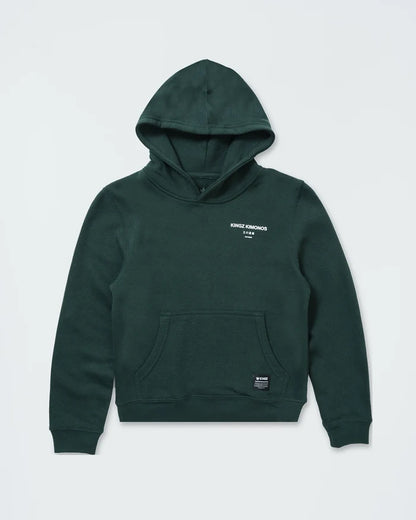Kingz HQ V2 Youth Hoodie - Flat Lay Front - Kingz Kimonos Chest Text and Pocket - Dark Forest Green - Youth BJJ Hoodie [color:Dark Forest Green]