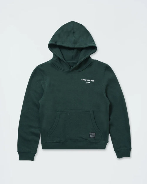 Kingz HQ V2 Youth Hoodie - Flat Lay Front - Kingz Kimonos Chest Text and Pocket - Dark Forest Green - Youth BJJ Hoodie [color:Dark Forest Green]