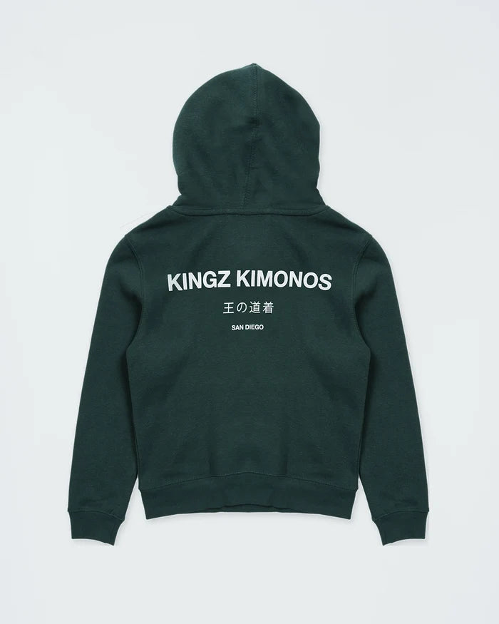 Kingz HQ V2 Youth Hoodie - Flat Lay Back - Kingz Kimonos San Diego Back Print - Dark Forest Green - Youth BJJ Hoodie [color:Dark Forest Green]