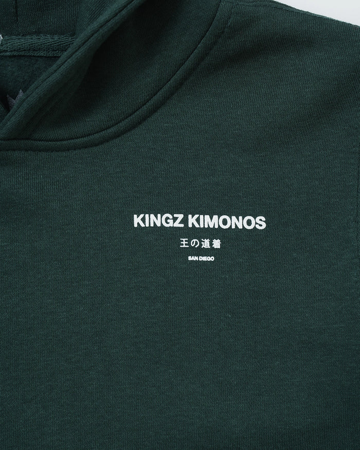 Kingz HQ V2 Youth Hoodie - Back Print Close Up - Kingz Kimonos San Diego Text - Dark Forest Green - Youth BJJ Hoodie [color:Dark Forest Green]