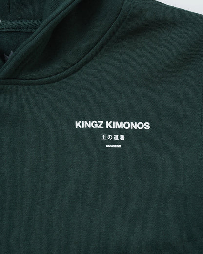 Kingz HQ V2 Youth Hoodie - Back Print Close Up - Kingz Kimonos San Diego Text - Dark Forest Green - Youth BJJ Hoodie [color:Dark Forest Green]