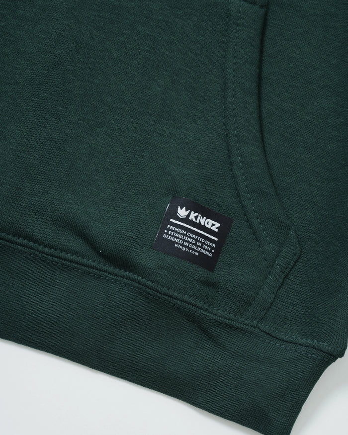 Kingz HQ V2 Youth Hoodie - Label Detail - Woven Kingz Patch and Ribbed Hem - Dark Forest Green - Youth BJJ Hoodie [color:Dark Forest Green]
