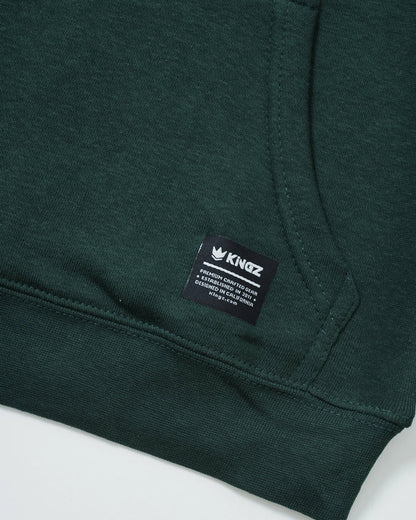Kingz HQ V2 Youth Hoodie - Label Detail - Woven Kingz Patch and Ribbed Hem - Dark Forest Green - Youth BJJ Hoodie [color:Dark Forest Green]
