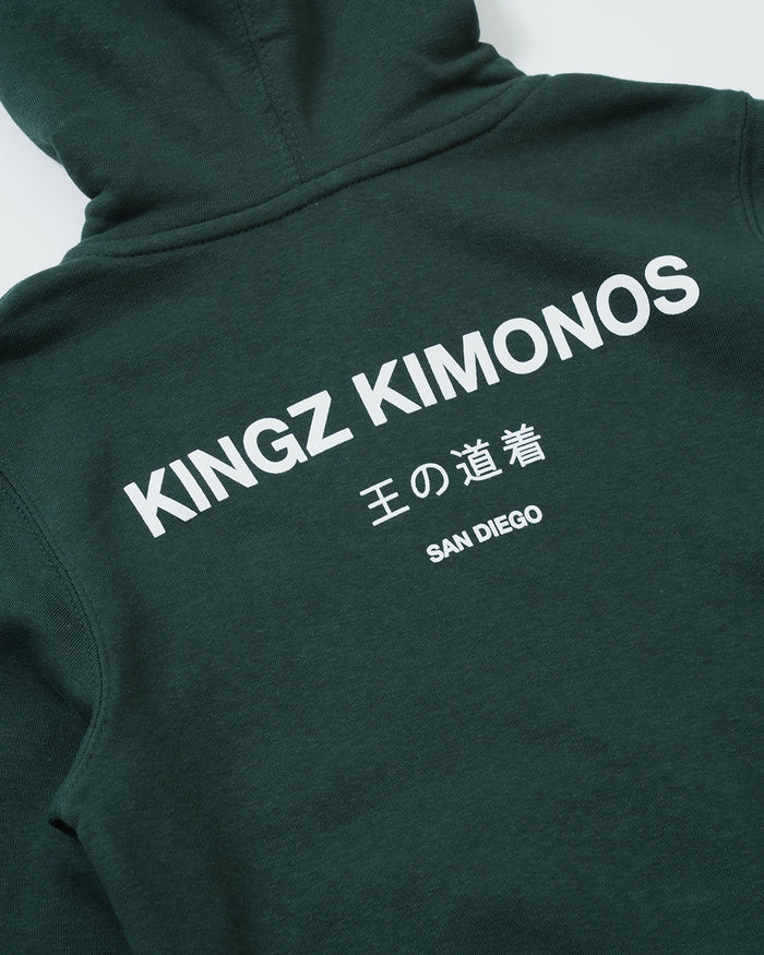 Kingz HQ V2 Youth Hoodie - Back Print Angle View - Large Kingz Kimonos Text - Dark Forest Green - Youth BJJ Hoodie [color:Dark Forest Green]
