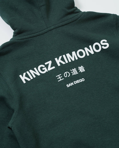Kingz HQ V2 Youth Hoodie - Back Print Angle View - Large Kingz Kimonos Text - Dark Forest Green - Youth BJJ Hoodie [color:Dark Forest Green]
