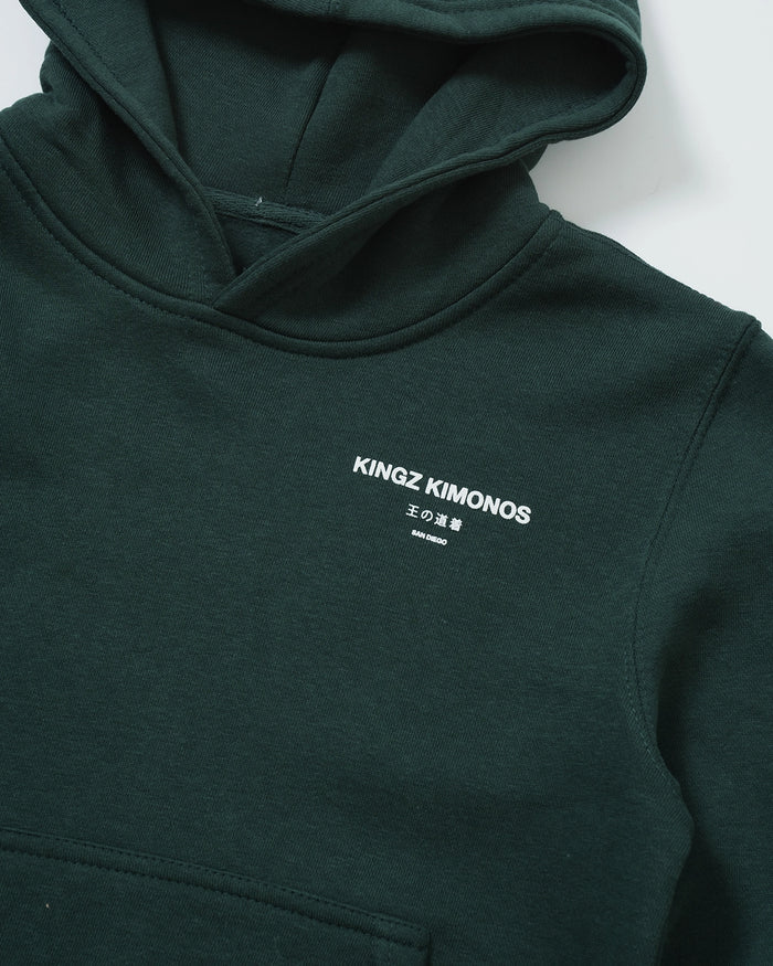 Kingz HQ V2 Youth Hoodie - Back Graphic Detail - Kingz Kimonos Kanji and San Diego - Dark Forest Green - Youth BJJ Hoodie [color:Dark Forest Green]