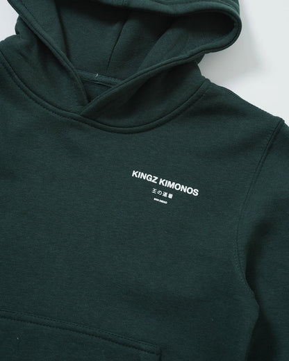 Kingz HQ V2 Youth Hoodie - Back Graphic Detail - Kingz Kimonos Kanji and San Diego - Dark Forest Green - Youth BJJ Hoodie [color:Dark Forest Green]
