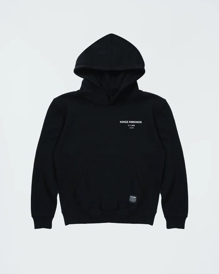 Kingz HQ V2 Youth Hoodie - Flat Lay Front - Kingz Kimonos Chest Text and Pocket - Black - Youth BJJ Hoodie [color:Black]
