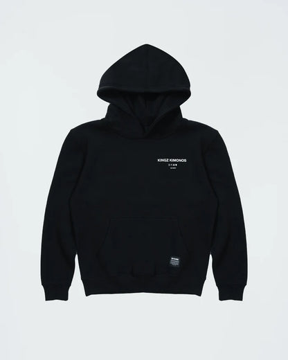 Kingz HQ V2 Youth Hoodie - Flat Lay Front - Kingz Kimonos Chest Text and Pocket - Black - Youth BJJ Hoodie [color:Black]