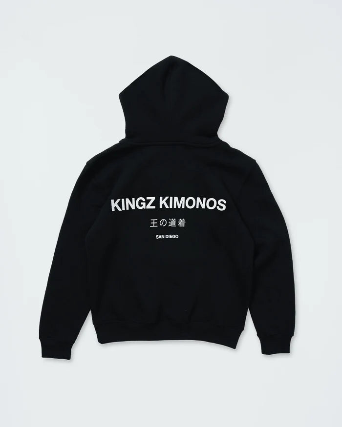 Kingz HQ V2 Youth Hoodie - Flat Lay Back - Kingz Kimonos San Diego Back Print - Black - Youth BJJ Hoodie [color:Black]