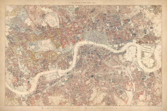 Huge Old Poverty Map of London by Charles Booth, 1888-9