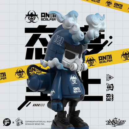 Toy figure with mask, black symbol, logo, graffiti, sculpture, shoes, and sign.