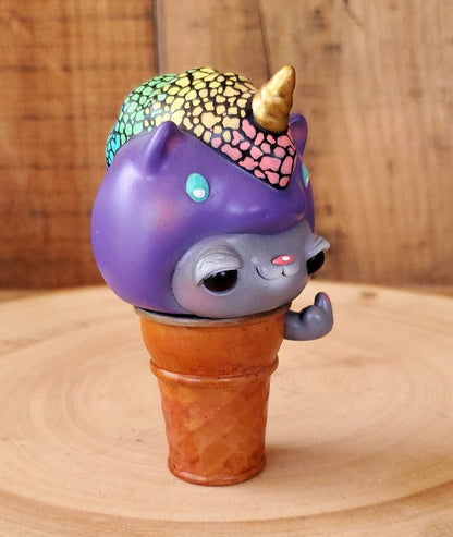 Toy animal in ice cream cone, close-up cup, Into the Forest - Forbidden Ice Cream by Heather Hyatt at Strangecat Toys.