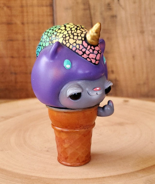 Toy animal in ice cream cone, close-up cup, Into the Forest - Forbidden Ice Cream by Heather Hyatt at Strangecat Toys.
