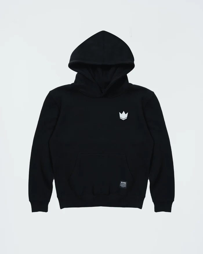 Kingz Jaws Youth Hoodie - Flat Lay Front - White Crown Chest Logo and Kangaroo Pocket - Black - Youth BJJ Hoodie [color:Black]