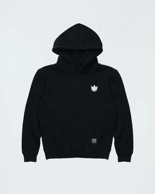 Kingz Jaws Youth Hoodie - Flat Lay Front - White Crown Chest Logo and Kangaroo Pocket - Black - Youth BJJ Hoodie [color:Black]