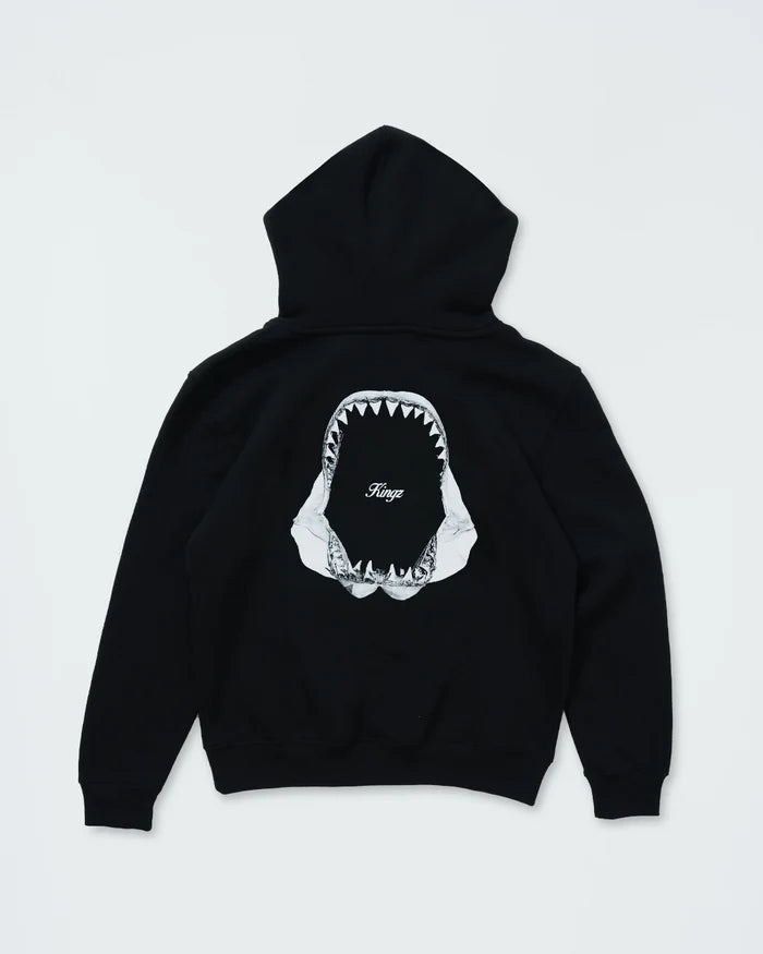 Kingz Jaws Youth Hoodie - Flat Lay Back - White Shark Jaws Back Print and Kingz Script - Black - Youth BJJ Hoodie [color:Black]
