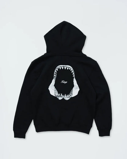 Kingz Jaws Youth Hoodie - Flat Lay Back - White Shark Jaws Back Print and Kingz Script - Black - Youth BJJ Hoodie [color:Black]