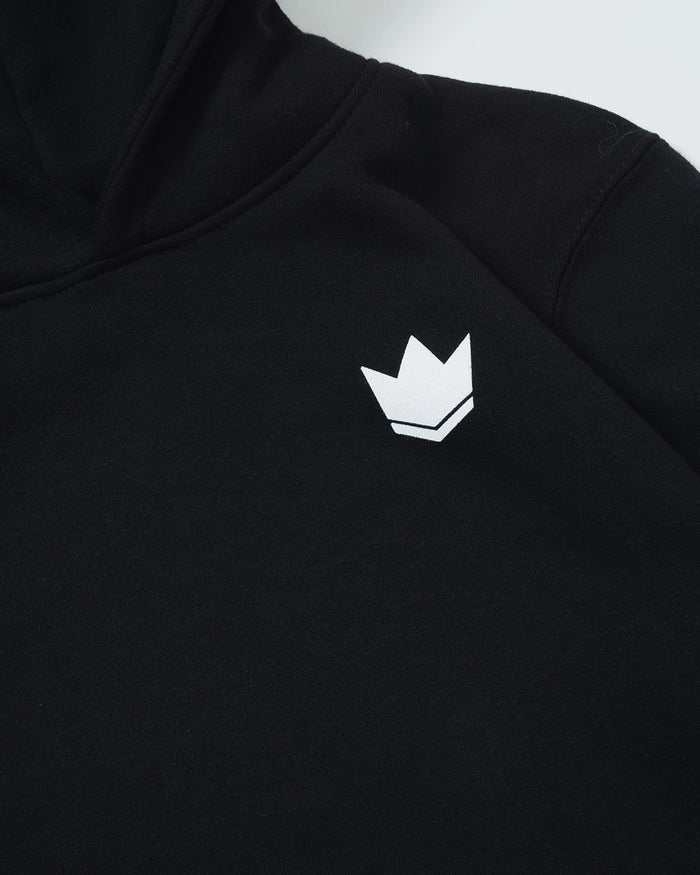 Kingz Jaws Youth Hoodie - Chest Logo Close Up - White Crown Embroidered Detail - Black - Youth BJJ Hoodie [color:Black]