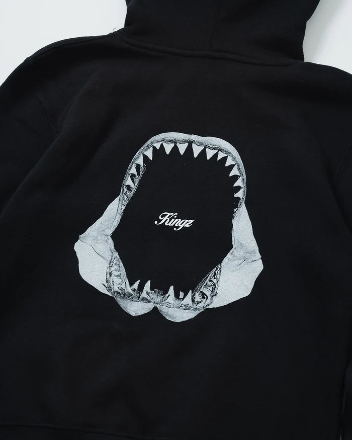 Kingz Jaws Youth Hoodie - Back Print Close Up - Shark Jaws Graphic and Kingz Script - Black - Youth BJJ Hoodie [color:Black]