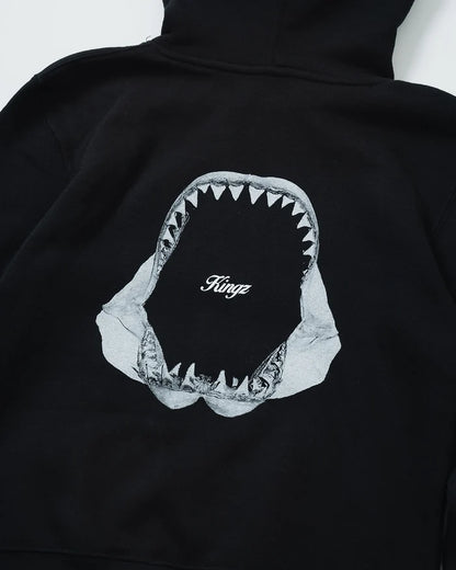 Kingz Jaws Youth Hoodie - Back Print Close Up - Shark Jaws Graphic and Kingz Script - Black - Youth BJJ Hoodie [color:Black]