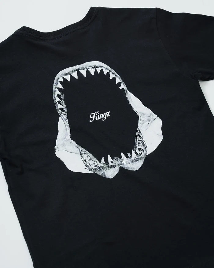 Kingz Jaws Youth Tee - Detail Shot - Shark Jaws Kingz Script Close-up - Black Youth BJJ Casual Tee [color:Black]