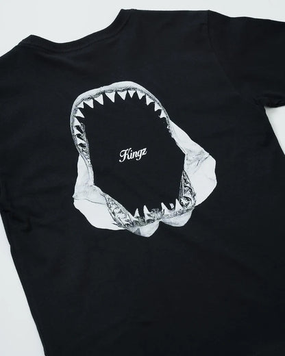 Kingz Jaws Youth Tee - Detail Shot - Shark Jaws Kingz Script Close-up - Black Youth BJJ Casual Tee [color:Black]