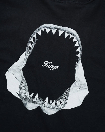 Kingz Jaws Youth Tee - Print Detail - Shark Jaws Teeth Macro View - Black Youth BJJ Lifestyle Tee [color:Black]