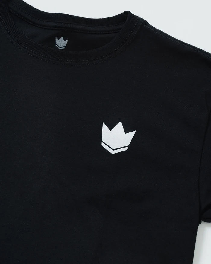 Kingz Jaws Youth Tee - Detail Shot - White Crown Logo Collar Close-up - Black Youth BJJ Casual Wear [color:Black]