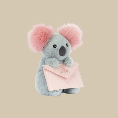 Jellycat Koala with Message with fuzzy pink ears and a pink envelope