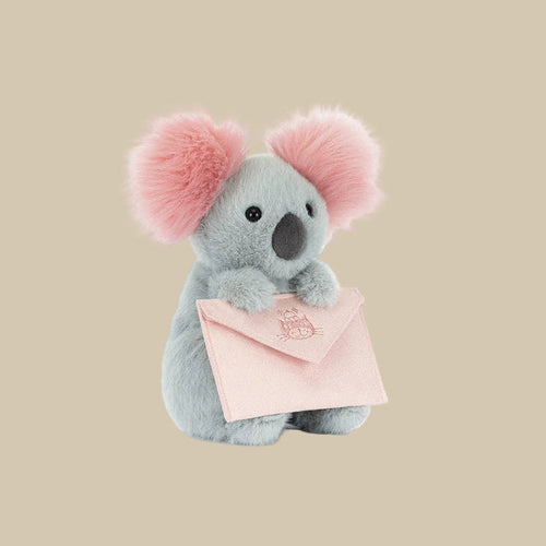 Jellycat Koala with Message with fuzzy pink ears and a pink envelope