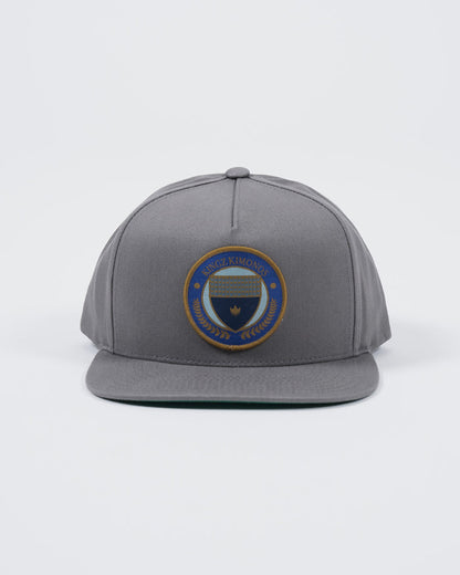 Kingz Jiu Jitsu Club Snapback Grey - Front View Embroidered Circular Badge Center Crown Logo Flat Brim Structured Fit BJJ Hat [color:Grey]
