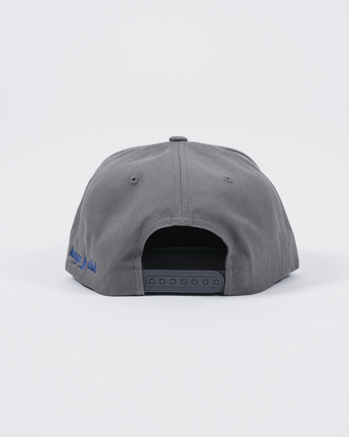Kingz Jiu Jitsu Club Snapback Grey - Back View Embroidered Blue Text Adjustable Snap Closure Classic Fit BJJ Training Hat [color:Grey]