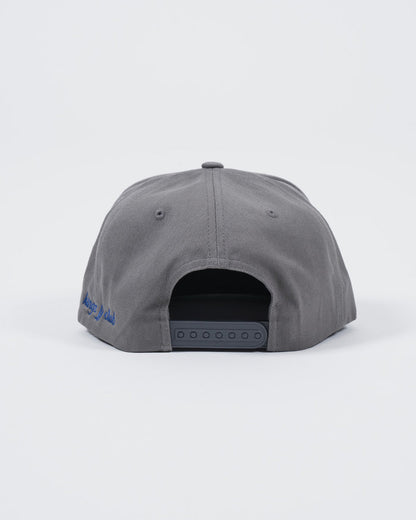Kingz Jiu Jitsu Club Snapback Grey - Back View Embroidered Blue Text Adjustable Snap Closure Classic Fit BJJ Training Hat [color:Grey]