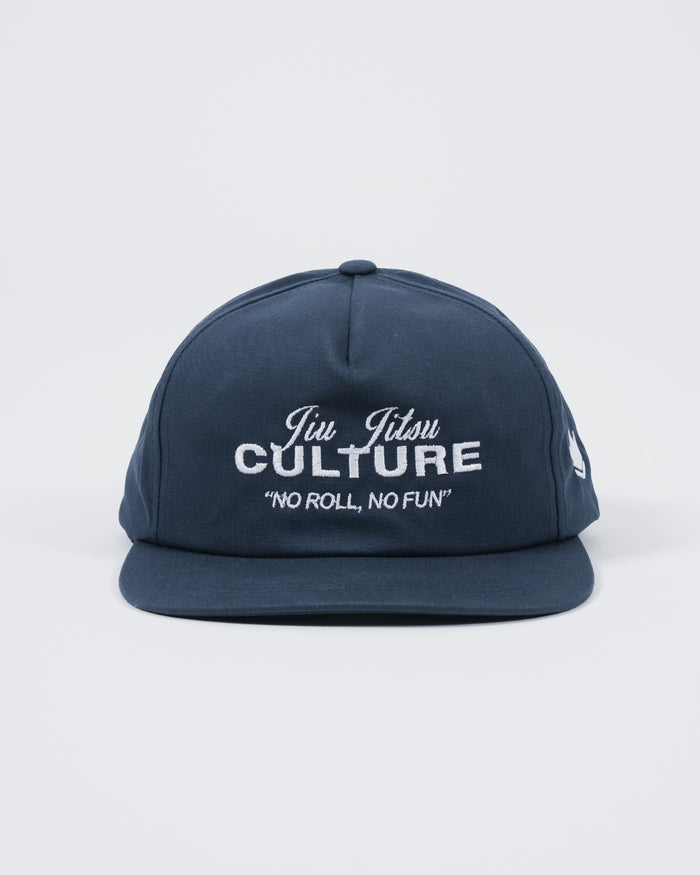 Kingz Jiu Jitsu Culture Five Panel Navy - Front View Embroidered White Text "Jiu Jitsu CULTURE" "NO ROLL, NO FUN" Curved Brim Classic Fit BJJ Training Hat [color:Navy]