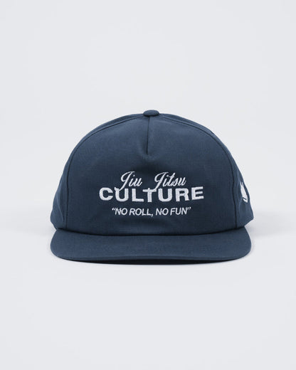 Kingz Jiu Jitsu Culture Five Panel Navy - Front View Embroidered White Text "Jiu Jitsu CULTURE" "NO ROLL, NO FUN" Curved Brim Classic Fit BJJ Training Hat [color:Navy]
