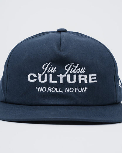 Kingz Jiu Jitsu Culture Five Panel Navy - Front View Embroidered White Text "Jiu Jitsu Culture" and "No Roll, No Fun" Structured Fit Five Panel Hat BJJ Training Apparel [color:Navy]