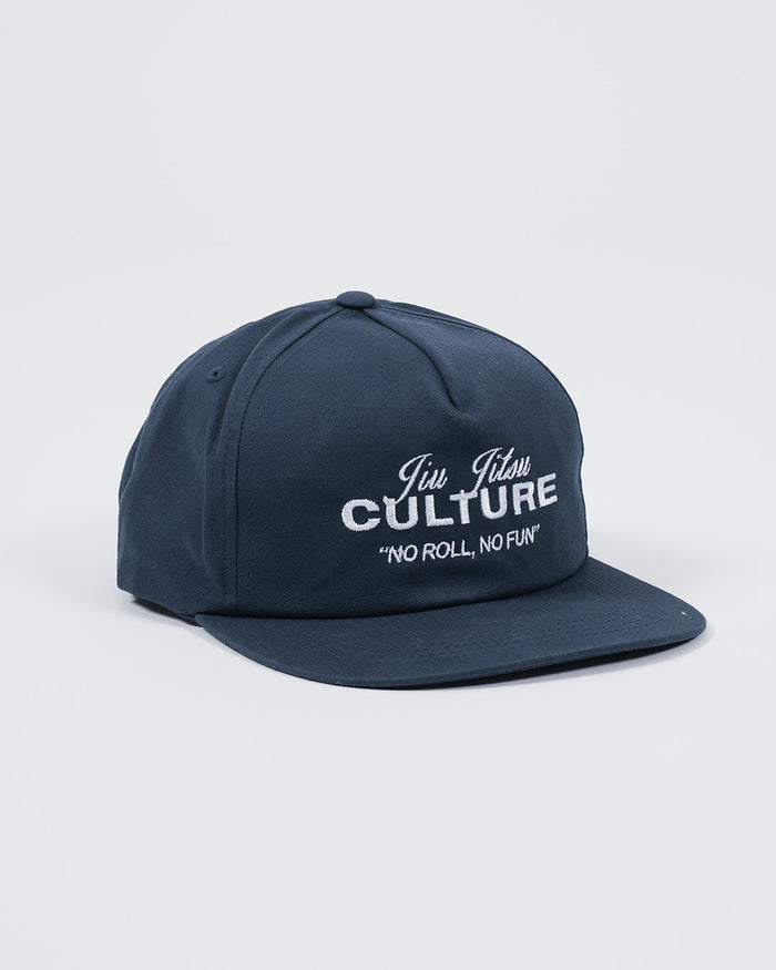 Kingz Jiu Jitsu Culture Five Panel Navy - Angled View Embroidered White "Jiu Jitsu CULTURE" Text Front Panel Structured Fit Flat Brim Casual Design BJJ Training Hat [color:Navy]