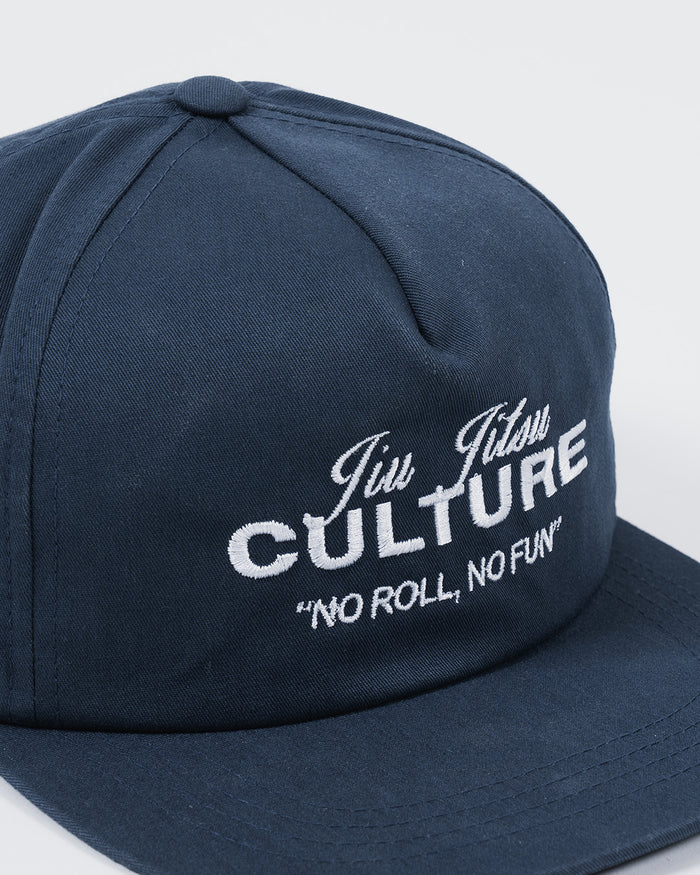 Kingz Jiu Jitsu Culture Five Panel Navy - Close-Up Detail View White Embroidered Text "Jiu Jitsu CULTURE" "NO ROLL, NO FUN" Structured Crown Stitching BJJ Training Hat [color:Navy]