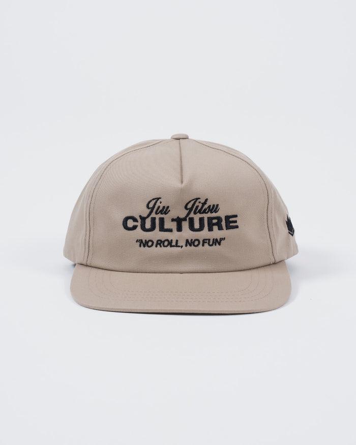 Kingz Jiu Jitsu Culture Five Panel Khaki - Front View Embroidered Black Text "Jiu Jitsu Culture" "No Roll, No Fun" Five Panel Design BJJ Hat [color:Khaki]