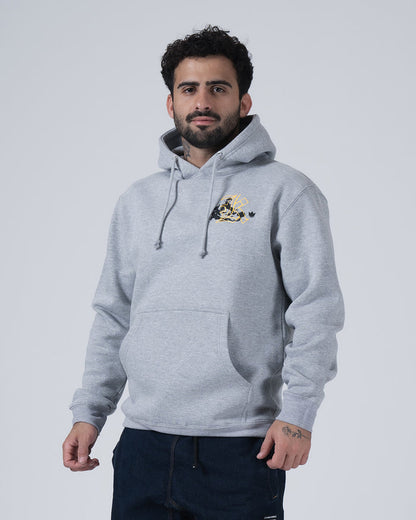 Kingz Jiu Jitsu Culture Hoodie - Front Angled View - Gold Chest Logo and Pocket - Grey - Men's BJJ Hoodie [color:Grey]