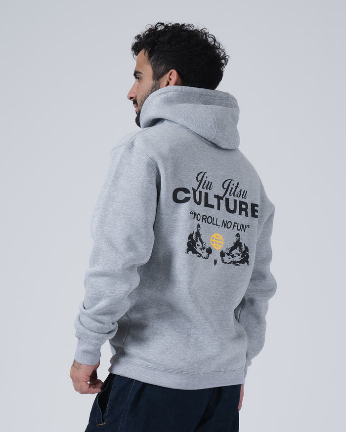 Kingz Jiu Jitsu Culture Hoodie - Back Angled View - Culture No Roll No Fun Back Graphic - Grey - Men's BJJ Hoodie [color:Grey]