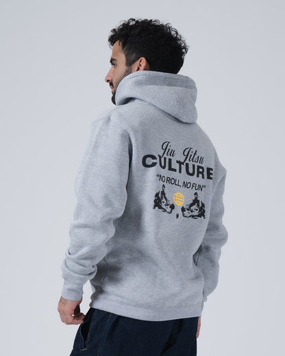 Kingz Jiu Jitsu Culture Hoodie - Back Angled View - Culture No Roll No Fun Back Graphic - Grey - Men's BJJ Hoodie [color:Grey]