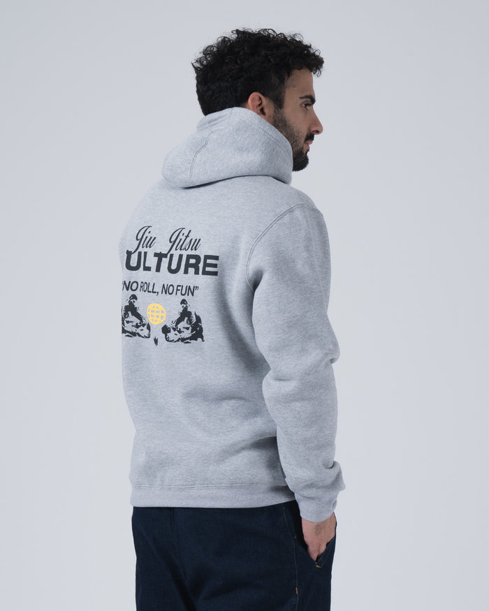 Kingz Jiu Jitsu Culture Hoodie - Back Side Profile View - Angled Culture Back Print - Grey - Men's BJJ Hoodie [color:Grey]