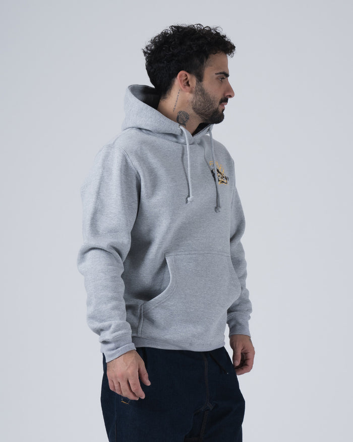Kingz Jiu Jitsu Culture Hoodie - Front Side Profile View - Gold Chest Logo and Pocket - Grey - Men's BJJ Hoodie [color:Grey]