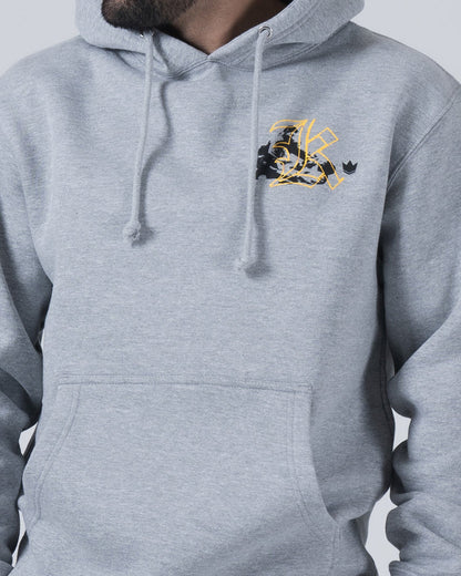 Kingz Jiu Jitsu Culture Hoodie - Chest Detail Close Up - Gold Grappler Emblem and Crown - Grey - BJJ Hoodie [color:Grey]