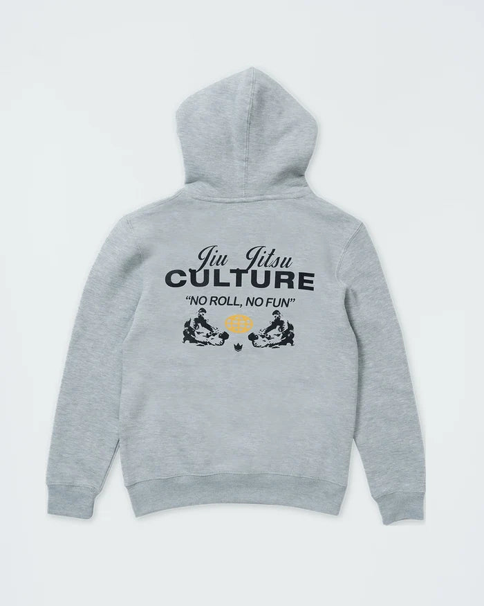 Kingz Jiu Jitsu Culture Youth Hoodie - Flat Lay Back - No Roll No Fun Culture Print - Heather Grey - Youth BJJ Hoodie