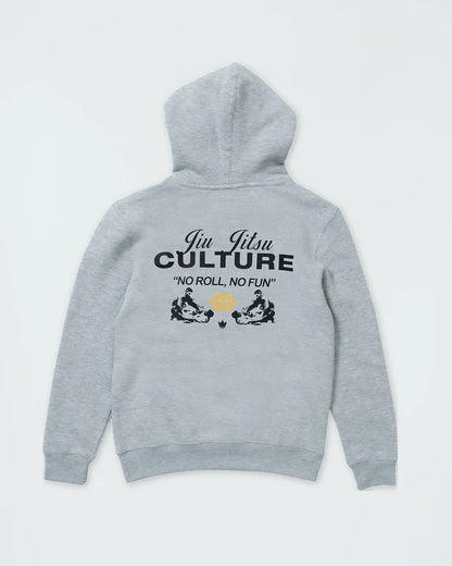 Kingz Jiu Jitsu Culture Youth Hoodie - Flat Lay Back - No Roll No Fun Culture Print - Heather Grey - Youth BJJ Hoodie