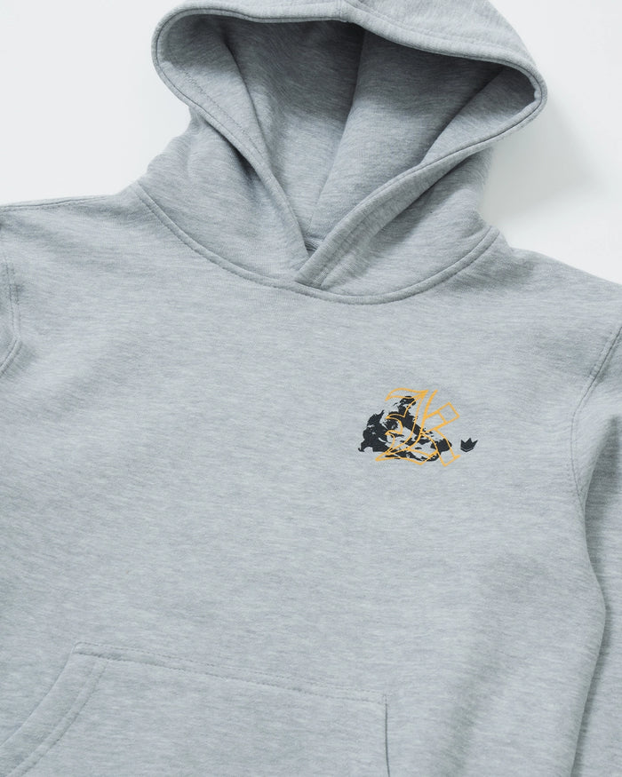 Kingz Jiu Jitsu Culture Youth Hoodie - Chest Graphic Close Up - Gold Grappling Figures - Heather Grey - Youth BJJ Hoodie